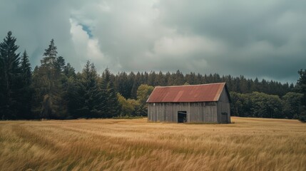 Fototapeta premium A weathered barn stands in the middle of a sunlit wheat field, with tall trees lining the horizon under a partly cloudy sky, capturing rural calmness.