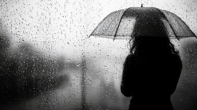  Imagen en blanco y negro de una mujer con paraguas bajo la lluvia. Las gotas de agua en la ventana crean un ambiente melanc&oacute;lico y dram&aacute;tico.