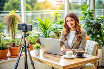 A stylish influencer creating content in a beautifully designed setting.