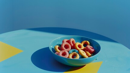 A playful bowl of multicolored cereal rings rests on a vivid blue table with a dash of sunlight and a hint of yellow, sparking joy and whimsy.