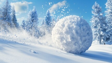 A large snowball is rolling down the mountain as an avalanche unfolds. This snowball has formed amidst the accumulation of snow and is now tumbling down the slope.