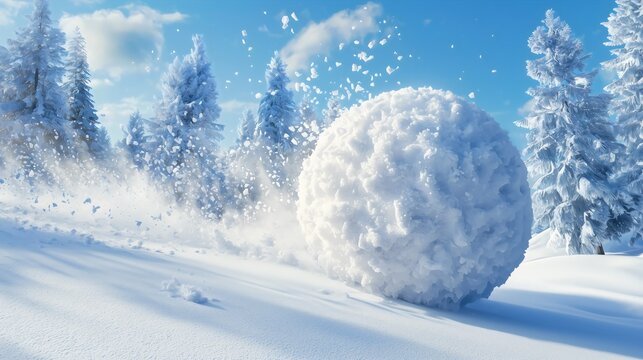 A large snowball is rolling down the mountain as an avalanche unfolds. This snowball has formed amidst the accumulation of snow and is now tumbling down the slope.