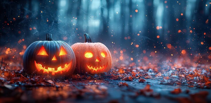 Halloween pumpkins illuminated against a dark background with a blurred night forest and sky, a spooky Halloween concept on a wooden tabletop. 