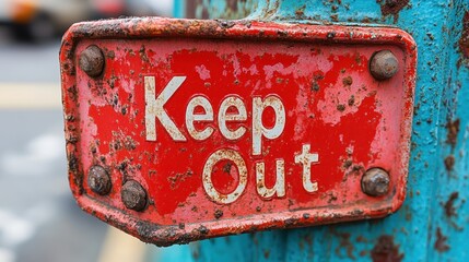 A close-up image of a heavily rusted and weathered red metal sign with white text reading Keep Out bolted to a blue metal surface, indicating restricted access