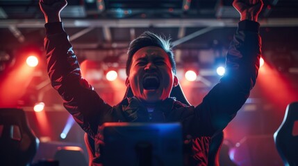 A victorious gamer cheers loudly under dynamic lighting, showcasing the thrill and excitement of competitive esports.