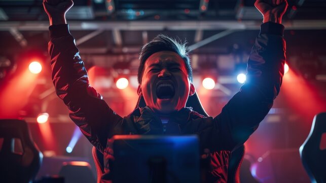 A victorious gamer cheers loudly under dynamic lighting, showcasing the thrill and excitement of competitive esports.