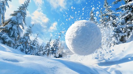 A snowball has grown large due to the force with which it rolls, tumbling down a forested mountain during the snowy season, lifting small amounts of snow along its path.