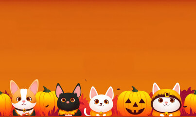 Fototapeta premium Happy Halloween Greeting Card Vector illustration. Cute cat and dogs in halloween pet costume , free space text, copy space, copy space for text,