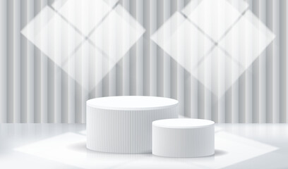 Stage podium display white and grey background with window shadows. Empty expo room studio texture. Blank light effect vector design.