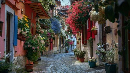 Fototapeta premium A picturesque cobblestone alley adorned with colorful hanging flowers, leading viewers through a cozy and inviting European village lined with vibrant houses.