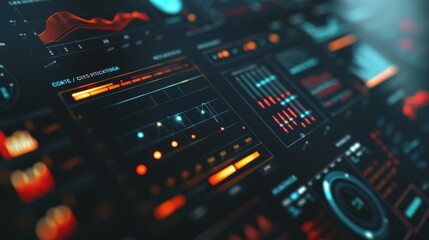 A futuristic interface displays data and graphs in vivid colors, suggesting high-tech innovation and digital complexity.