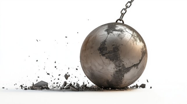 Steel metal demolition wrecking ball with a chain on white background.