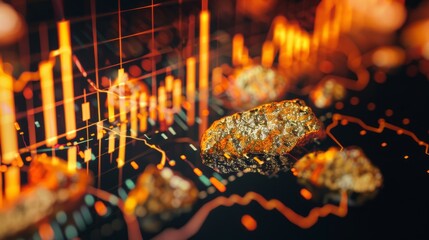 A collection of golden nuggets placed on a digital financial chart, blending the world of investment and natural resources.