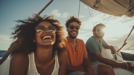 Group of diverse young people having fun doing a boat trip in summer. Concept of happy lifestyle friendship with multicultural youth.