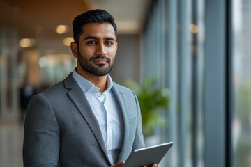 Confident Indian business man leader looking aside walking in office. Busy professional businessman going in hallway holding digital tablet thinking of work plan using tab computer. Generative AI