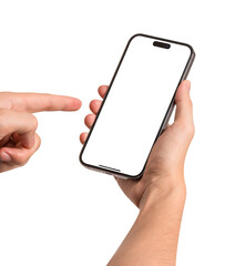 Hand using smartphone with blank screen isolated on white background. Concept for business finance, Technology concept, Product advertising concept and Marketing concept, Educational Concept.