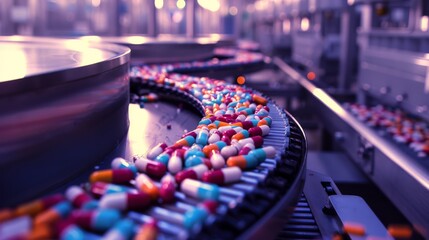 A close-up view of colorful pills on a pharmaceutical production line, highlighting the precision and efficiency of modern medical manufacturing.