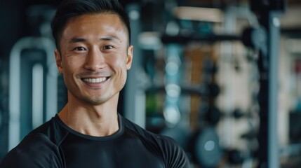 Obraz premium Portrait of a man in sportswear exercising in a room with machines and sports equipment. Pilates class for active healthy lifestyle.