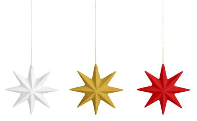 Set of three hanging star Christmas tree ornaments in white, gold and red isolated on white or transparent background. Traditional and festive holiday decoration. Winter celebrations decor.