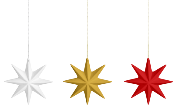 Set of three hanging star Christmas tree ornaments in white, gold and red isolated on white or transparent background. Traditional and festive holiday decoration. Winter celebrations decor. - Powered by Adobe