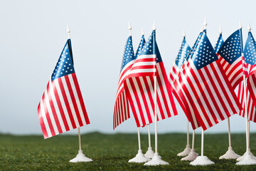 A vibrant display of American flags stands proudly on green grass, celebrating Memorial Day's spirit.