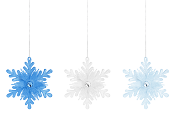 Set of hanging snowflake Christmas tree ornaments in blue and white silver color isolated on white or transparent background. Festive and shiny design for seasonal decoration. Winter holiday decor