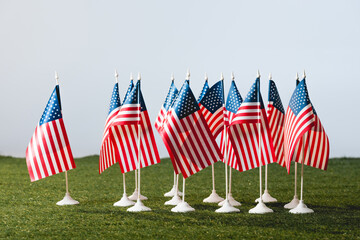 Small American flags are proudly arranged on green grass, symbolizing patriotism and remembrance.