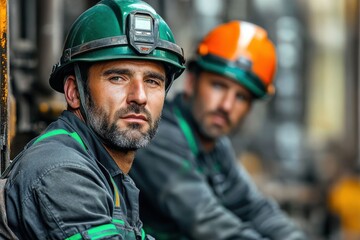 Fototapeta premium Steel plant workers in uniforms with serious expressions, industrial photography portrait