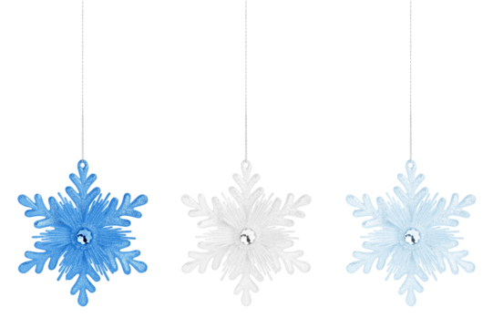 Set of hanging snowflake Christmas tree ornaments in blue and white silver color isolated on white or transparent background. Festive and shiny design for seasonal decoration. Winter holiday decor