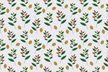 Seamless pattern with winter plant green leaves, gold cones and red berries. .