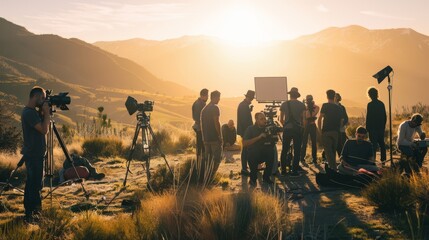A film crew capturing a scene in the golden hour, set against a backdrop of majestic mountains, creating a picturesque cinematic moment.