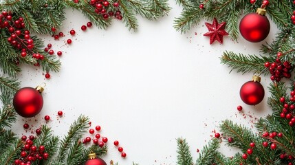 Christmas card with fir branches and Christmas decorations. Copy space.