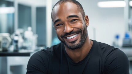Obraz premium Confident African American Man with Bright Smile in Modern Setting