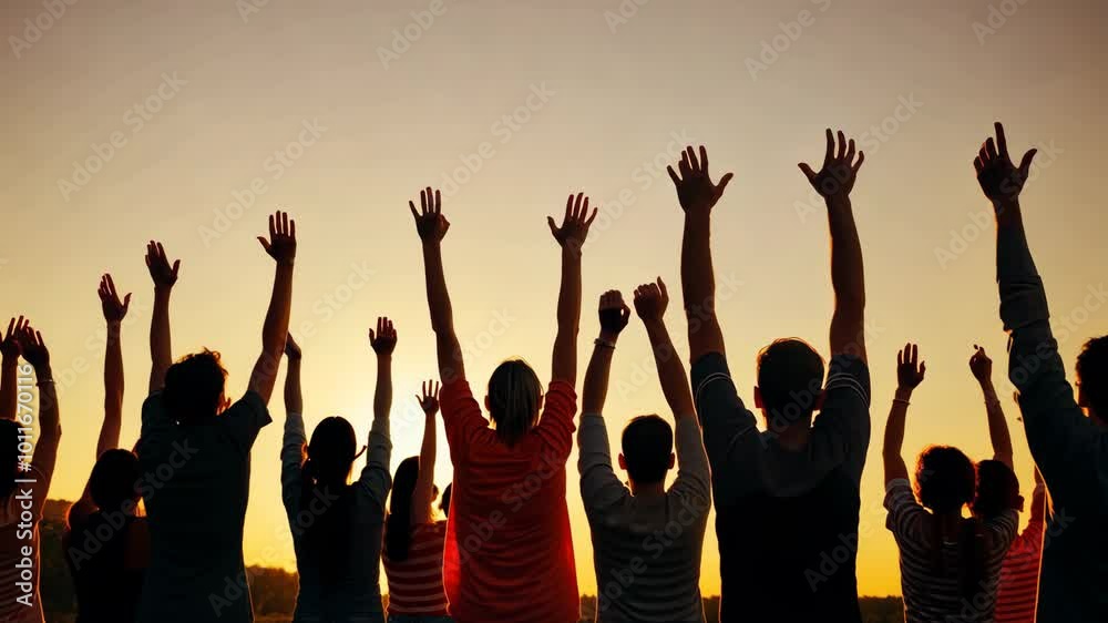 Poster a group of people are standing in a field with their hands raised in the air