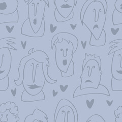 Seamless background with funny faces of anthropomorphic creatures. Humorous characters with different emotions