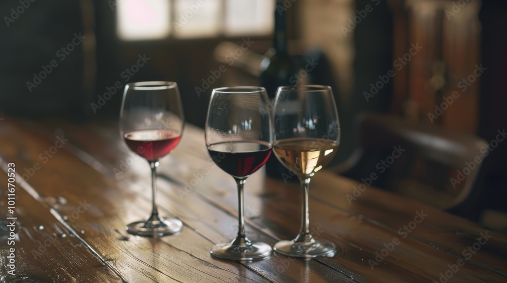 Wall mural three glasses of wine on a rustic wooden table, showcasing two red wines and one white, with a soft,