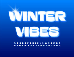 Vector snow emblem Winter Vibes. Stylish White Font. Trendy Alphabet Letters and Numbers set. 