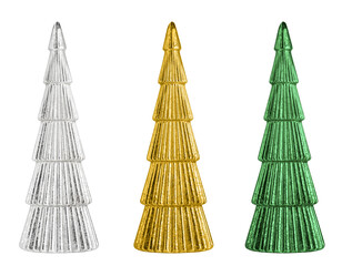 Silver, gold and green shiny Christmas tree miniatures isolated on white or transparent background. Winter holiday decoration and festive season decor. Set of three ornaments