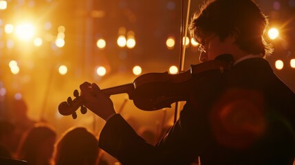 A violinist plays with intensity amid a backdrop of shimmering lights, creating a magical atmosphere filled with music and emotion.