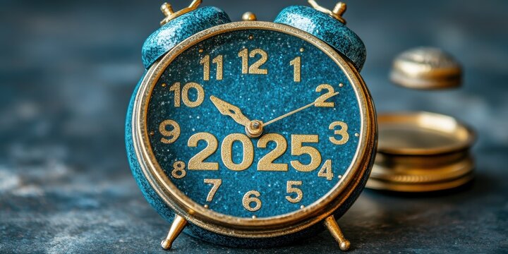 A vintage blue alarm clock displaying the year 2025 in bold, golden numbers, captured against a blurred dark grey background, symbolizing the future and the passage of time