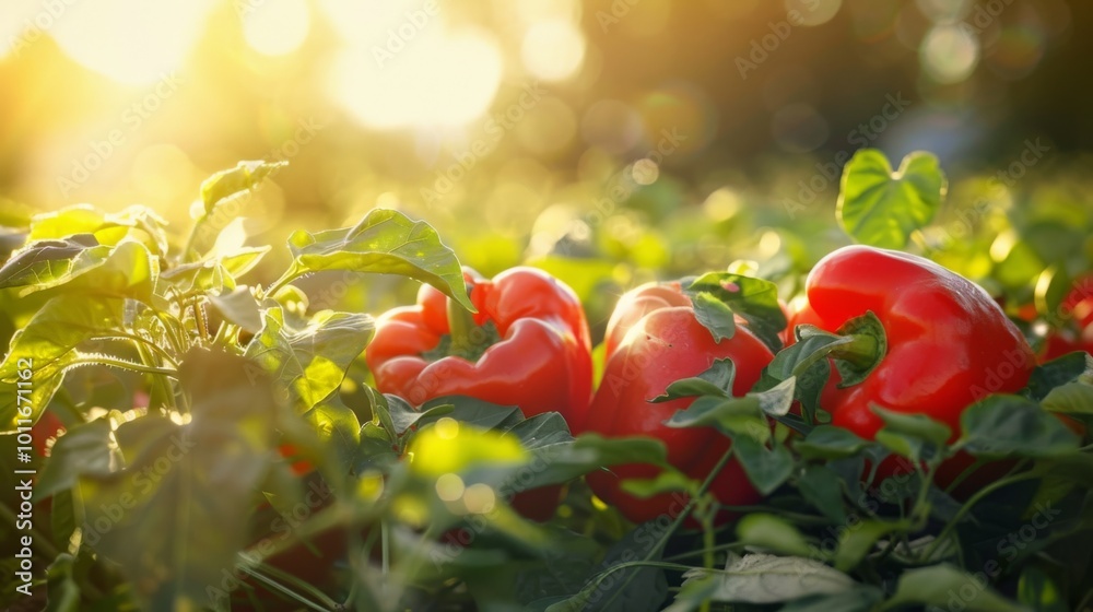 Poster Sunlit red bell peppers bask amid leafy foliage in a rural field, embodying freshness and farm-to-table goodness.