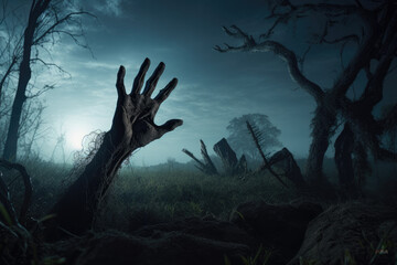 A Zombie hands rising on Graveyard, Moonlight night. Spooky halloween background, Halloween illustration for poster and banner design
