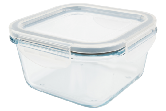Food container with lid. Food storage. Glass container with plastic lid. Empty lunchbox or lunch box. Food container, dishware, tableware for refrigerator. Container for breakfast, lunch, dinner