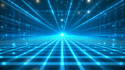 Fototapeta premium Futuristic Digital Grid with Glowing Blue Lines and Light Burst, Symbolizing High-Tech Networks and Virtual Reality