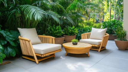 Serene Outdoor Space with Stylish Seating and Greenery