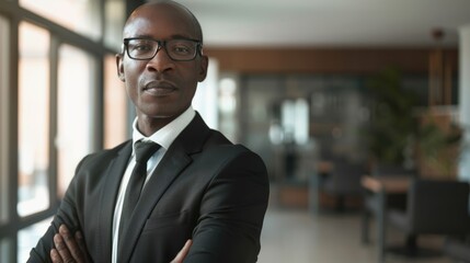 A poised professional stands confidently, exuding authority and determination in a sophisticated, modern office space.