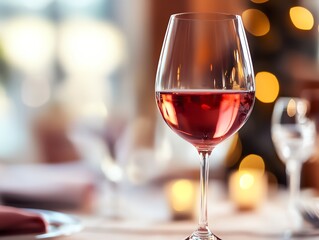 A wine glass is filled with red wine on a table. The wine glass is placed on a table with a white tablecloth. The table setting is elegant and sophisticated, with a candle on the table
