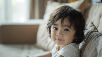 A cozy moment captured of a young child with curly black hair and a soft smile, sitting on a comfortable couch in a well-lit room.