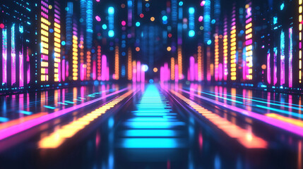 Obraz premium Vibrant abstract background featuring equalizer effect with neon lights illuminating futuristic pathway. colorful display creates dynamic and energetic atmosphere