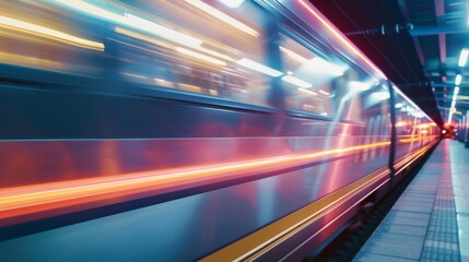 A sleek, speeding train blurs past a city platform at night, creating vibrant streaks of light that capture the dynamic energy of urban life.